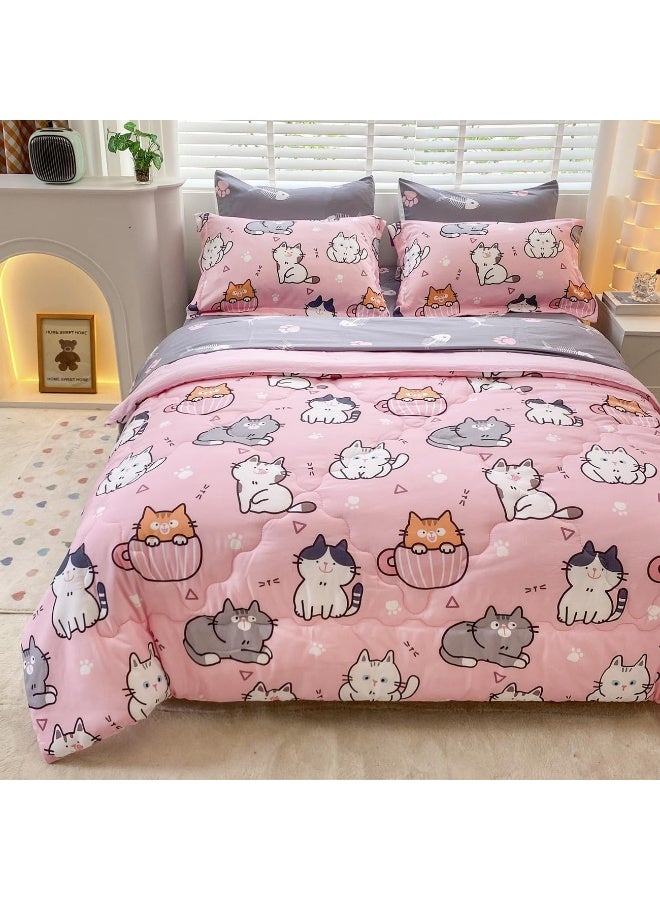 Gusuhome 7 Piece Girls Cat Comforter Set Full Size Bed in A Bag Pink Cute Cartoon Pet Cats Bedding Set for Kids Boys Teens (1 Comforter, 1 Flat Sheet, 1 Fitted Sheet, 4 Pillow Sham) Gray - Image 1